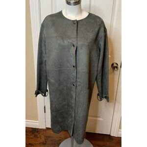 Tahari Gray Vegan Suede Long Collarless Jacket, Size Large